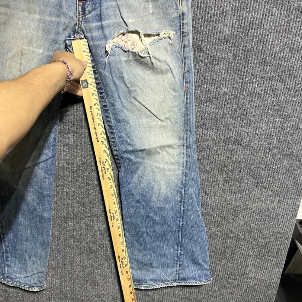 True Religion Joey Jeans Mens 32 Blue Distressed Flare Twisted Seam Made in USA